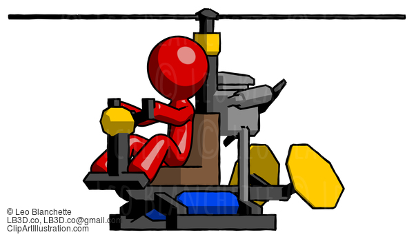 Red Design Mascot Man Flying In Gyrocopter Front Side Angle View #10138