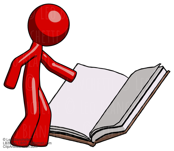 Red Design Mascot Man Reading Big Book While Standing Beside It #10140