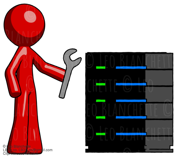 Red Design Mascot Man Server Administrator Doing Repairs #10141