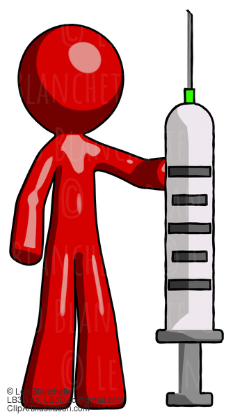 Red Design Mascot Man Holding Large Syringe #10144