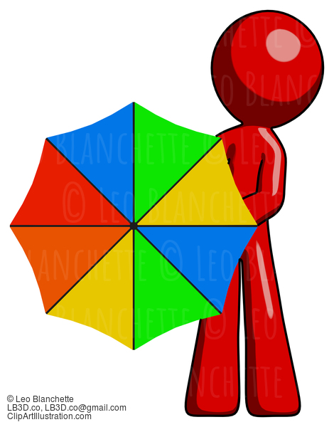 Red Design Mascot Man Holding Rainbow Umbrella Out To Viewer #10146