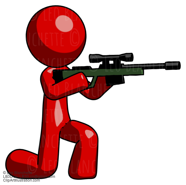 Red Design Mascot Man Kneeling Shooting Sniper Rifle #10149