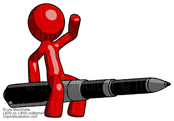 Red Design Mascot Man Riding A Pen Like A Giant Rocket #10150