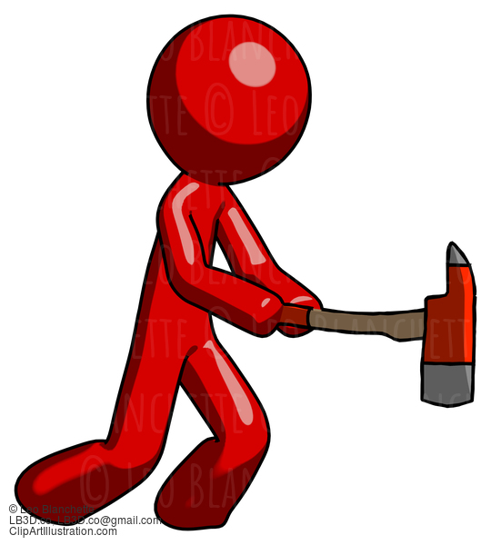 Red Design Mascot Man With Ax Hitting, Striking, Or Chopping #10151