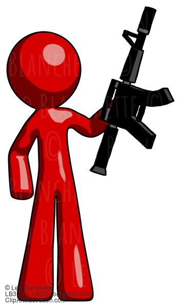 Red Design Mascot Man Holding Automatic Gun #10153