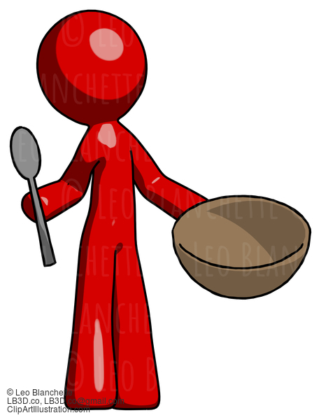 Red Design Mascot Man With Empty Bowl And Spoon Ready To Make Something #10154