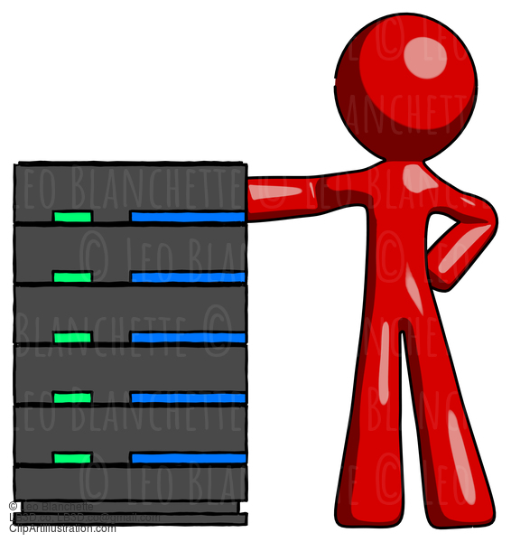 Red Design Mascot Man With Server Rack Leaning Confidently Against It #10155