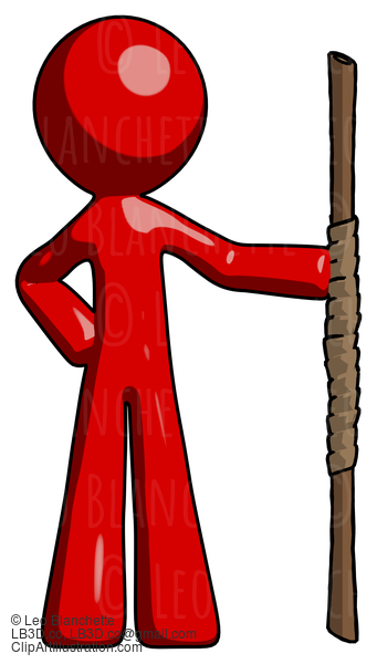 Red Design Mascot Man Holding Staff Or Bo Staff #10164