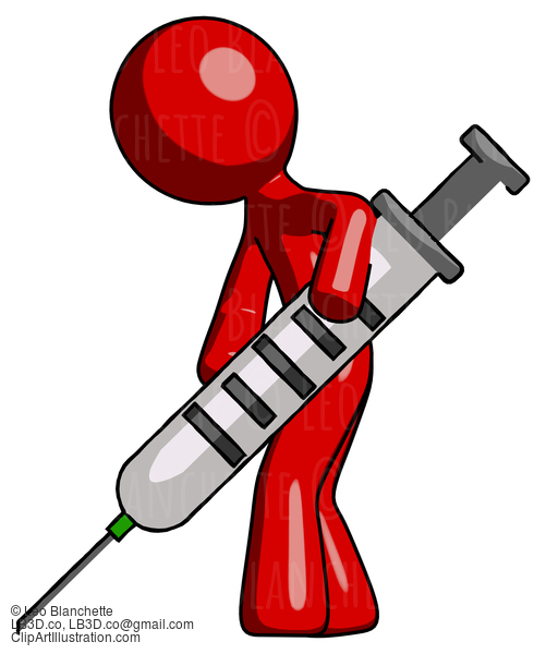 Red Design Mascot Man Using Syringe Giving Injection #10165