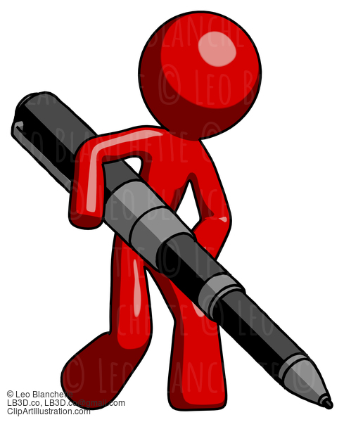 Red Design Mascot Man Writing With A Really Big Pen #10167