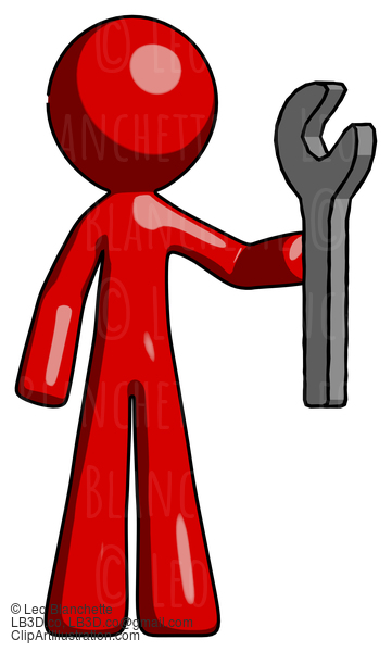 Red Design Mascot Man Holding Wrench Ready To Repair Or Work #10171