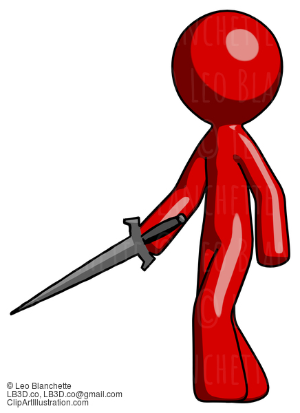 Red Design Mascot Man With Sword Walking Confidently #10174