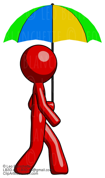 Red Design Mascot Man Walking With Colored Umbrella #10178