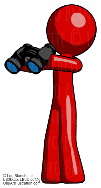 Red Design Mascot Man Holding Binoculars Ready To Look Left #10179