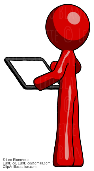 Red Design Mascot Man Looking At Tablet Device Computer With Back To Viewer #10180