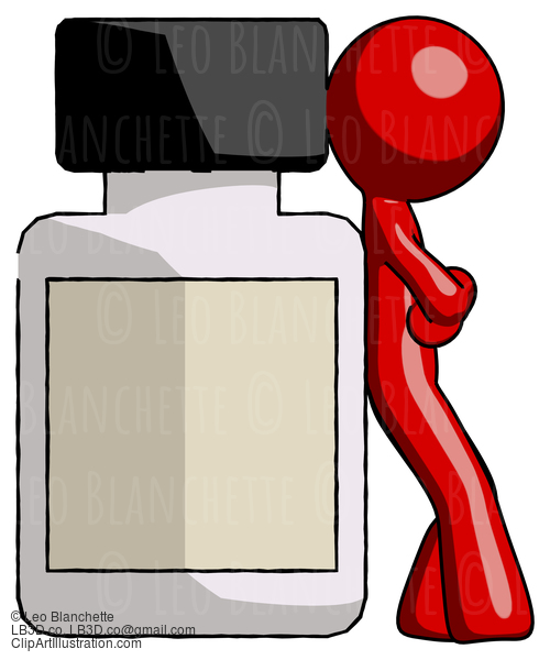 Red Design Mascot Man Leaning Against Large Medicine Bottle #10183