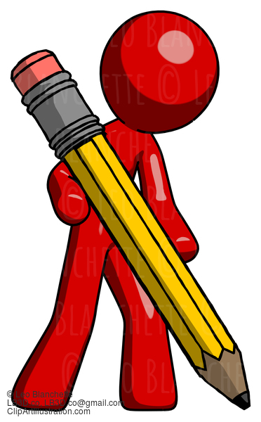 Red Design Mascot Man Writing With Large Pencil #10184