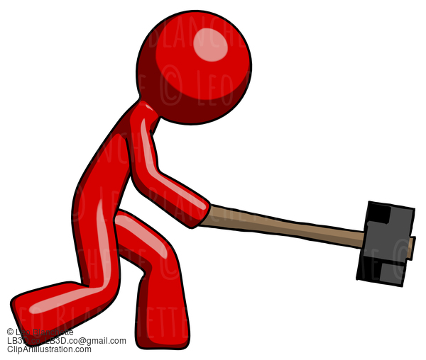 Red Design Mascot Man Hitting With Sledgehammer, Or Smashing Something #10185