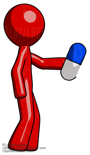 Red Design Mascot Man Holding Blue Pill Walking To Right #10187