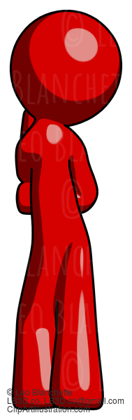 Red Design Mascot Man Thinking, Wondering, Or Pondering Rear View #10188