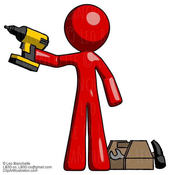 Red Design Mascot Man Holding Drill Ready To Work, Toolchest And Tools To Right #10189