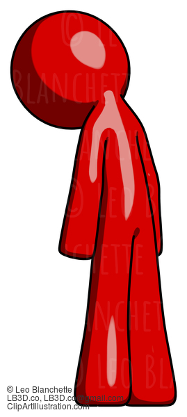 Red Design Mascot Man Depressed With Head Down, Back To Viewer, Left #10191