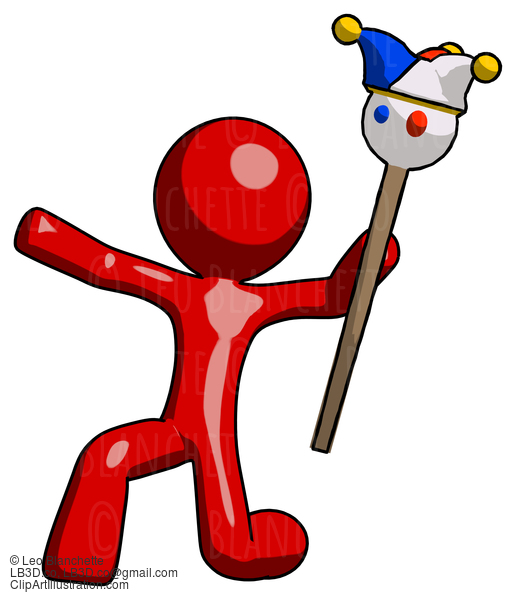 Red Design Mascot Man Holding Jester Staff Posing Charismatically #10192