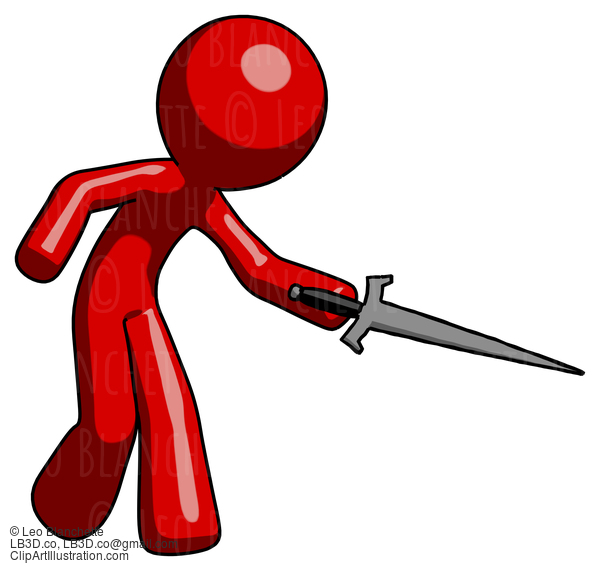 Red Design Mascot Man Sword Pose Stabbing Or Jabbing #10194