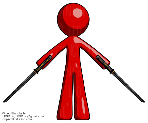 Red Design Mascot Man Posing With Two Ninja Sword Katanas #10196