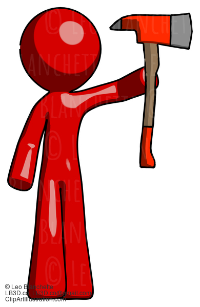 Red Design Mascot Man Holding Up Red Firefighter’S Ax #10198