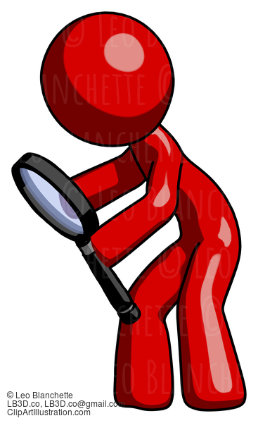 Red Design Mascot Man Inspecting With Large Magnifying Glass Left #10199