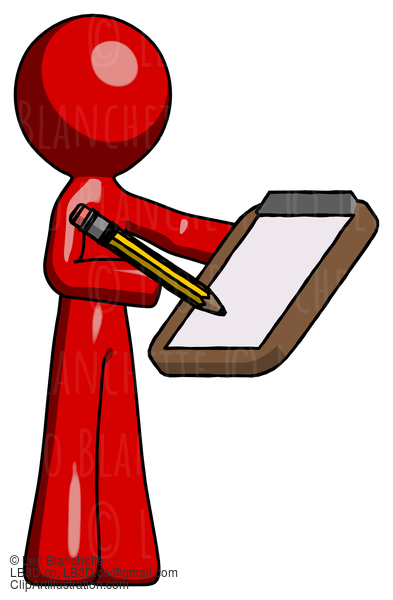 Red Design Mascot Man Using Clipboard And Pencil #10201