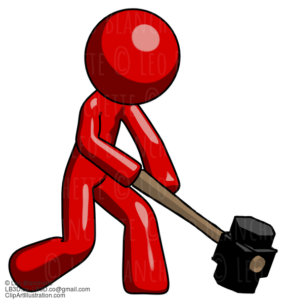 Red Design Mascot Man Hitting With Sledgehammer, Or Smashing Something At Angle #10203