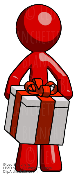 Red Design Mascot Man Gifting Present With Large Bow Front View #10204