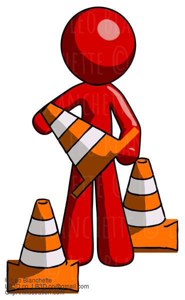 Red Design Mascot Man Holding A Traffic Cone #10206