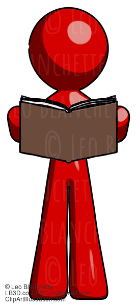 Red Design Mascot Man Reading Book While Standing Up Facing Viewer #10207