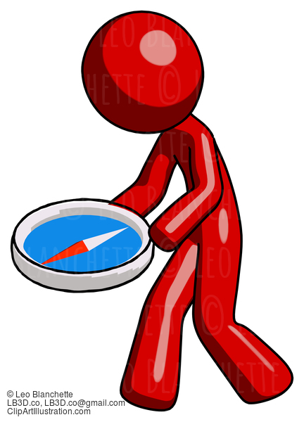 Red Design Mascot Man Walking With Large Compass #10208