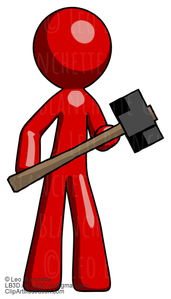 Red Design Mascot Man With Sledgehammer Standing Ready To Work Or Defend #10209