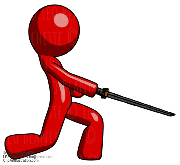 Red Design Mascot Man With Ninja Sword Katana Slicing Or Striking Something #10210