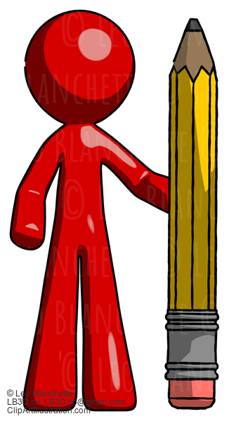 Red Design Mascot Man With Large Pencil Standing Ready To Write #10215