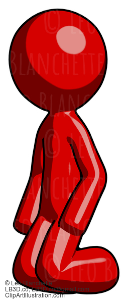 Red Design Mascot Man Kneeling Angle View Left #10218