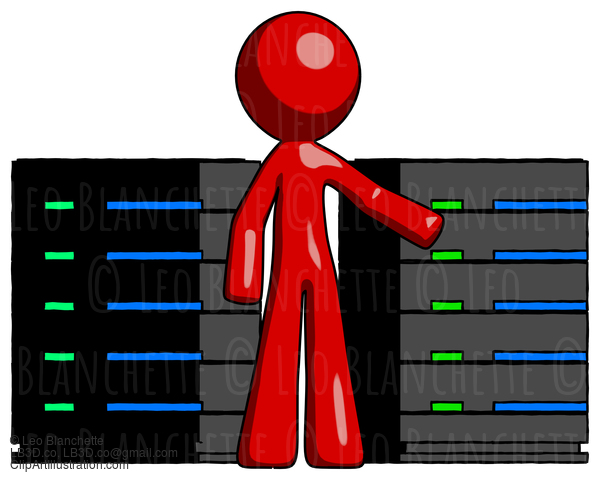 Red Design Mascot Man With Server Racks, In Front Of Two Networked Systems #10219