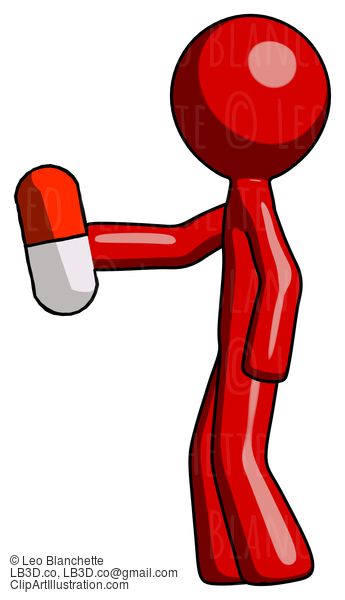 Red Design Mascot Man Holding Red Pill Walking To Left #10222