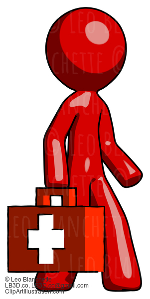 Red Design Mascot Man Walking With Medical Aid Briefcase To Right #10223