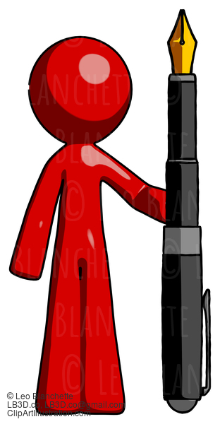 Red Design Mascot Man Holding Giant Calligraphy Pen #10225