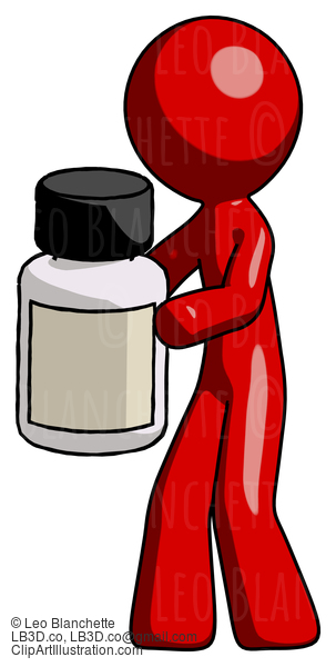 Red Design Mascot Man Holding White Medicine Bottle #10227