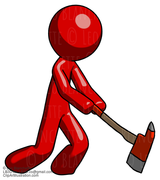 Red Design Mascot Man Striking With A Red Firefighter’S Ax #10233