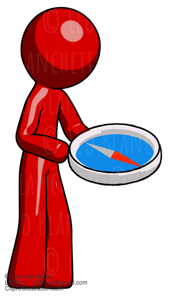 Red Design Mascot Man Looking At Large Compass Facing Right #10234