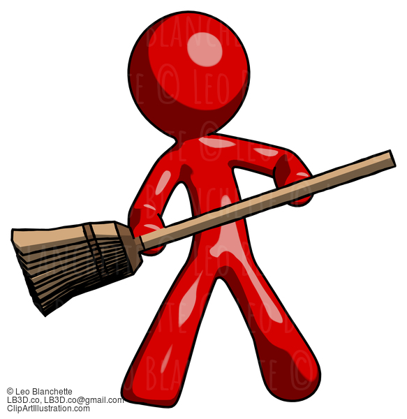 Red Design Mascot Man Broom Fighter Defense Pose #10236