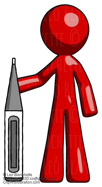 Red Design Mascot Man Standing With Large Thermometer #10239